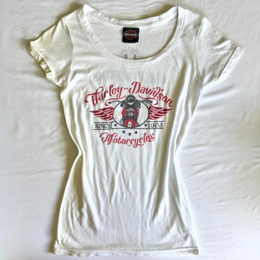 Harley-davidson Women's White and Red T-shirt